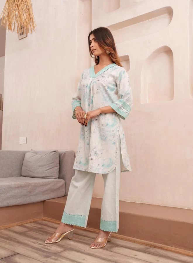 دي دبليو طقم منسق من تونيك وبنطال بطبعة زهور للنساء